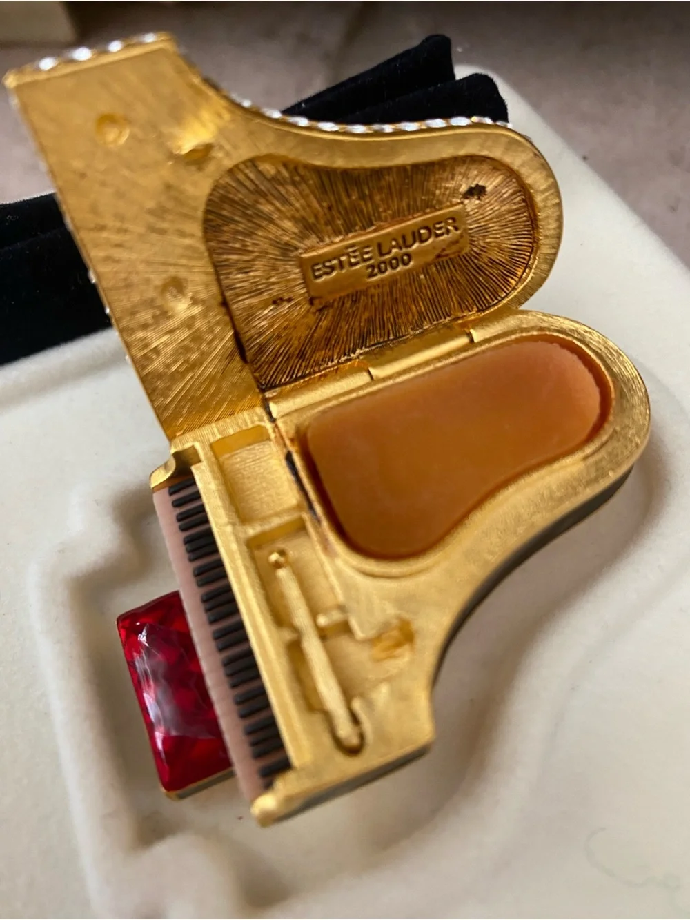 Vtg Estee Lauder BABY GRAND PIANO W/ BENCH Solid Perfume Compact, Box Bag NEW